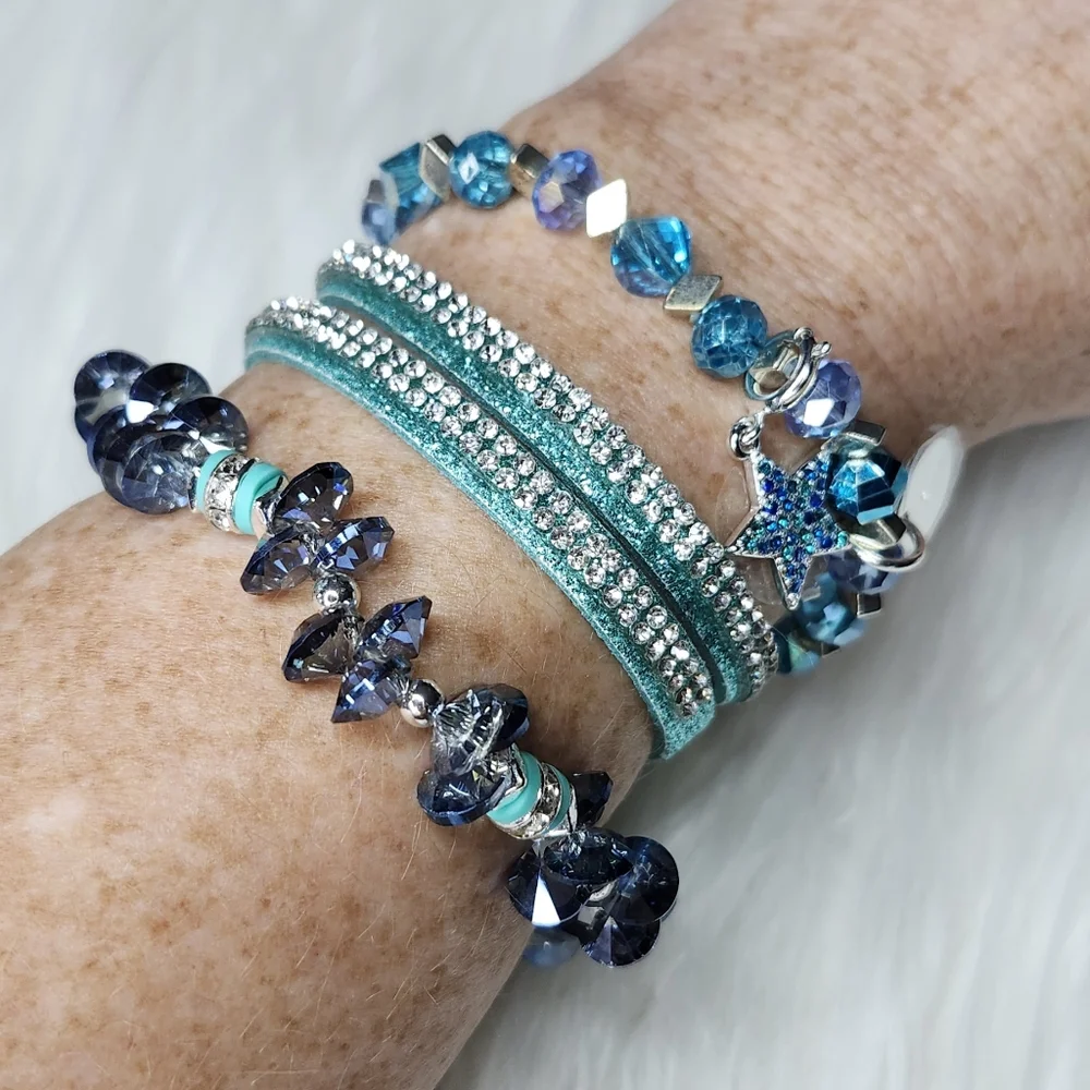3 Bracelet set Noel, Noel Blue Aqua Turquoise Bling Sparkle Stars Holiday - Picture 4 of 5